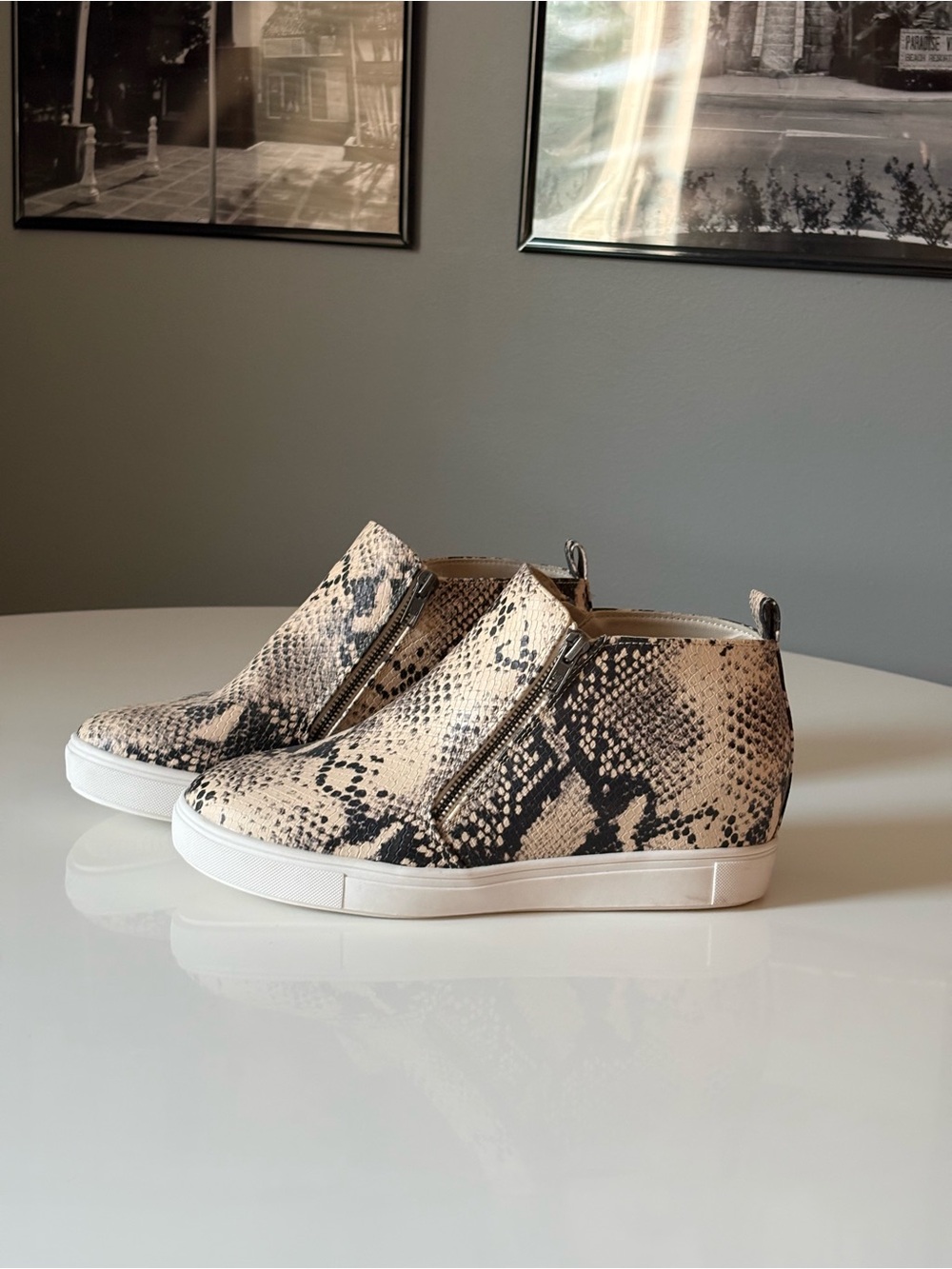 Time and Tru Beige and Black Snake-Print Wedge Sneakers